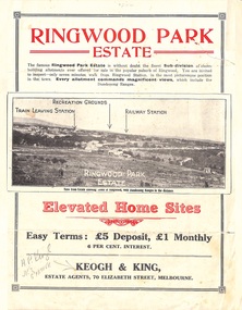 Flyer, Sub-divisional residential land sale advertisement - Ringwood Park Estate, Ringwood, Vic. - circa 1922