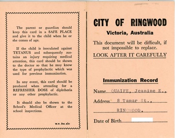 Document, City of Ringwood Immunization Record - 1960