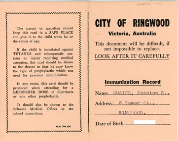 Document, City of Ringwood Immunization Record - 1960
