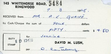 Document, Receipt - David M. Lush, Dentist, 145 Whitehorse Road, Ringwood - 1968