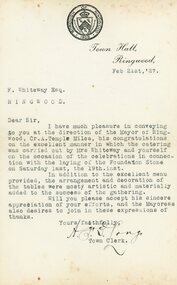 Letter, Letter from Ringwood Mayor Cr AT Miles to the Whiteway family for catering at the Laying of the Ringwood Town Hall Foundation Stone on 19 February 1927