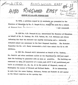 Document, History of S.S. 4180 Ringwood East 1916-1923  (Summary, plus detailed history by J. Hookey)