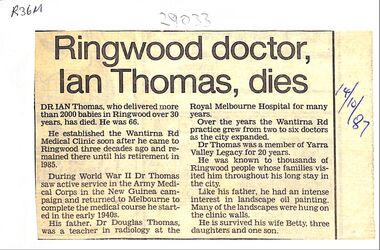 Newspaper - Death Notice, Dr. Ian Thomas of Ringwood, 14 October, 1987