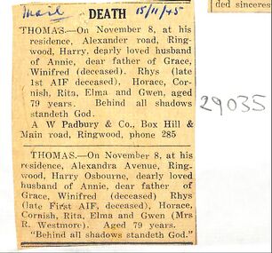 Newspaper - Clipping, Death Notices - H. O. Thomas of Alexander Road, Ringwood - 15 November 1945