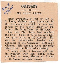 Newspaper - Obituary, Mr John Tann - September, 1935