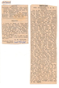 Newspaper, Death Notice and Obituary - Catherine Taylor of Wantirna Road, Ringwood - December, 1928