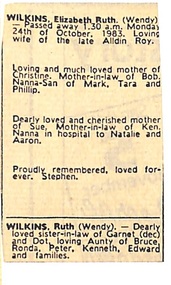 Newspaper, Death notice for Ringwood resident, Elizabeth Ruth (Wendy) Wilkins - 24th October, 1983