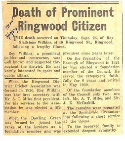 Newspaper - Obituary, Death notice for Ringwood resident, Roy Gladstone Wilkins - 26 September, 1957