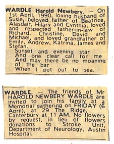 Newspaper - Clippings, Death of Harold Wardle of Ringwood, - April, 1990