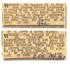 Newspaper - Clippings, Death of Charles Wedge of Ringwood East - January, 1962