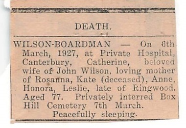 Newspaper - Clipping, Death of Catherine Wilson-Boardman, 6th March, 1927