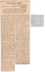 Newspaper - Clipping, Death of Fireman Jay (Jack) Wilkins of Warrandyte Road, Ringwood, January, 1941