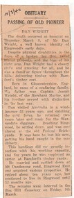 Newspaper - Obituary, Death of Ringwood resident, Dan Wright on March 8, 1945