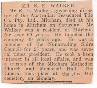 Newspaper - Clipping, Death of Mitcham resident, E. E. (Edgar) Walker - December, 1936