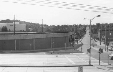 Photograph, Maroondah Highway Central, Ringwood. Carpark on corner of Highway and Warrandyte Road. 1976