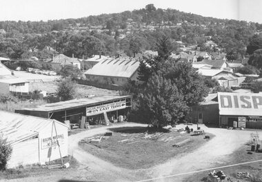 Photograph, Maroondah Highway Central, Ringwood. Corner of Warrandyte Road and Maroondah Highway taken from clock tower. 1960 including Disposal business (formerly Bamford's Timer Yard)