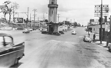 Photograph, Maroondah Highway Central, Ringwood. Clock tower at intersection of Warrandyte Road and Highway, c1960's