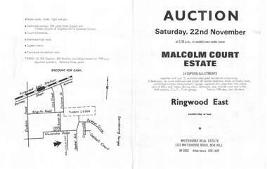 Flyer, Land Auction Brochure, Malcolm Court Estate, Ringwood East, Vic. - 1969