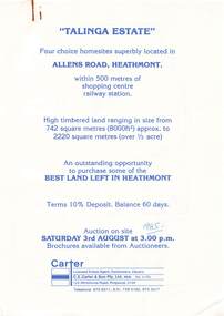 Flyer, Land Auction Advertisement, Talinga Estate, Allens Road, Heathmont, Vic. - 1985