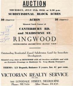 Flyer - Land Auction Sale, Ten Acres, Maidstone Street Ringwood - 1958