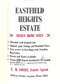 Flyer, Land Sale Brochure, Eastfield Heights Estate, Croydon. (Undated, circa 1950s)