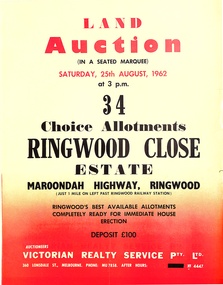 Pamphlet, Land Auction Brochure - Ringwood Close Estate, Ringwood, Victoria - 1962