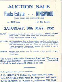 Flyer - Auction Sale, Pauls Estate Subdivision, Pauls Court off Unsworth Road, Ringwood, Victoria - 1952