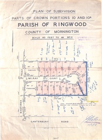 Map - Plan of Subdivision, Parts of Crown Portions 10 and 10B Parish of Ringwood - 1958