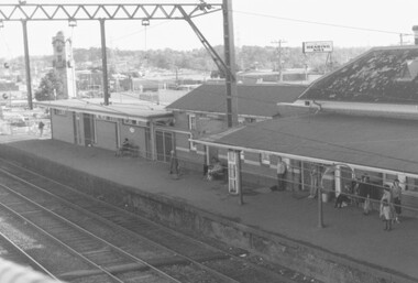 Photograph, Ringwood railway station, No. 1 platform with clock tower in the distance, 1984