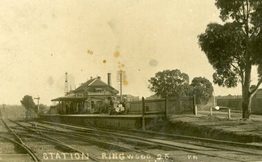 Postcard, Front and rear of card showing Ringwood station, looking west, circa 1925, with irrelevant personal writing, plus cataloguing information written on the rear