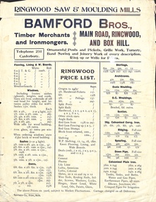 Document, Bamford Bros Main Road, Ringwood and Box Hill - Price List Template plus handwritten accounts notes on reverse. Undated. Probably 1918-1930