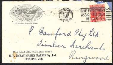 Document, Sunshine Harvester Works Price List (Cover Letter, Price List, and Envelop) to Bamford Bros Ringwood. 9/11/1931