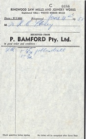 Financial record, P. Bamford Pty Ltd, Sales Docket 4th June 1951