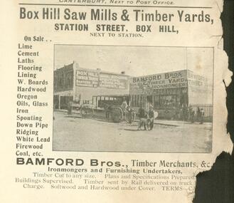 Document, Bamford Bros Timber Merchants, Box Hill SAw Mills & Timber Yards - Advertisement. Date Unknown