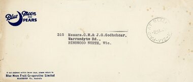 Document, Envelopes to Charles & Jack Godbehear, North Ringwood Orchardists, from Blue Moon Fruit Co-op (Coolstores), Blackburn