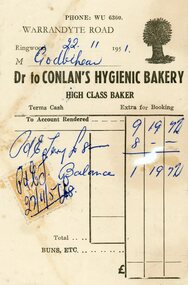 Document, 1951 Receipt to Charles & Jack Godbehear, North Ringwood Orchardists, from Conlan's Hygienic Bakery, Warrandyte Road, Ringwood