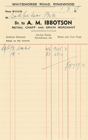 Document, 1957 Receipt to Godbehear Bros, North Ringwood Orchardists, from AM Ibbotson, Grain Merchant, Warrandyte Road, Ringwood