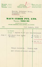 Document, 1956 Payment to Godbehear Bros, North Ringwood Orchardists, from Mac's Cider, Lilydale