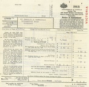 Document, 1951 Tax Assessment to Godbehear Bros, North Ringwood Orchardists, from ATO