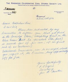 Document, 1952 Letter to Godbehear Bros, North Ringwood Orchardists, from The Ringwood Co-Operative Cool Stores Society, Peter Vergers, Secretary