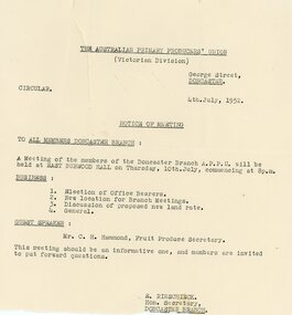 Document, 1953 Letter to Godbehear Bros, North Ringwood Orchardists, from Doncaster branch, The Australian Primary Producers' Union