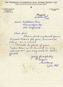 Document, 1953 Letter to Godbehear Bros, North Ringwood Orchardists, from The Ringwood Co-Operative Cool Stores Society re Insurance