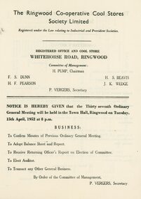 Document, 1952 Meeting Invitation to Godbehear Bros, North Ringwood Orchardists, from The Ringwood Co-Operative Cool Stores Society