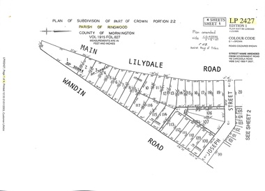 Document - Subdivision Map, Part of Crown Portion 22 Parish of Ringwood, County of Mornington. Vol 1915 Fol 827 - LP2427