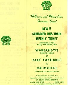 Pamphlet, Information on revised Bus-Train ticketing arrangements from Warrandyte or Park Orchards to Melbourne via Ringwood Railway Station