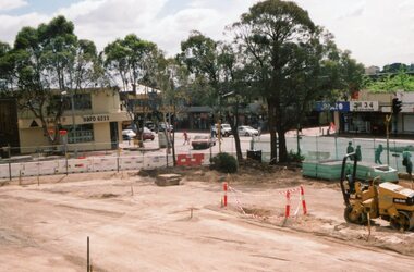 Photograph, Ringwood Railway Precinct in 2009, facing west towards former CE Carter premises and Melbourne Street, showing demolished corner shops