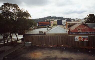Photograph, Ringwood Railway Precinct circa 2008, showing the shops on north-east corner, top of former library and Loughnan's Hill