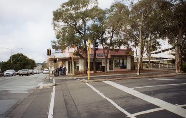 Photograph, Ringwood Railway Precinct circa 2008, showing the shops on north-east corner and station entrance, facing east