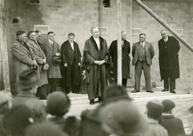 Photograph, Mayor J.K. McCaskill at laying of foundation stone of auditorium section of Town Hall. c1920's