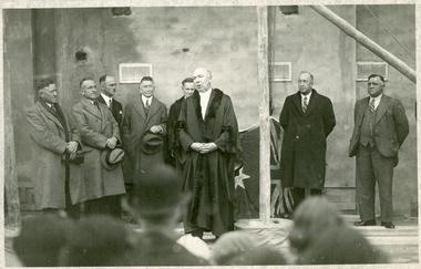 Photograph, Mayor J.K. McCaskill at laying of foundation stone of auditorium section of Town Hall. c1920's